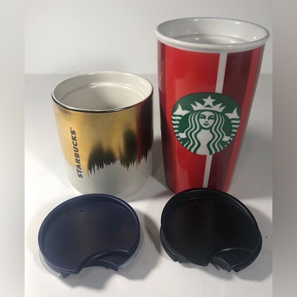 Starbucks Set of Ceramic Travel Mugs,2018 Red Stripe 12oz & 2020 Gold 8 oz w/lid